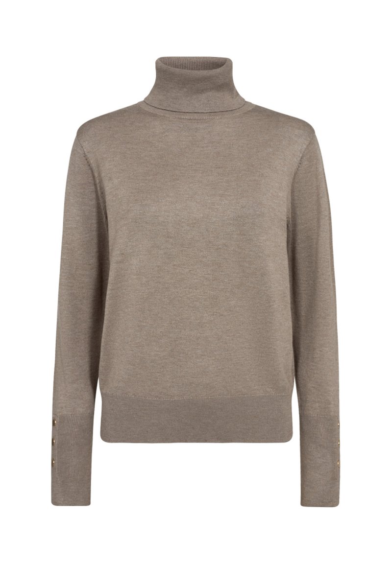 Beige coltrui van gebreide stof met lange mouwen. Heeft een aansluitende onderkant en drie gouden knoopaccenten op elke mouw.