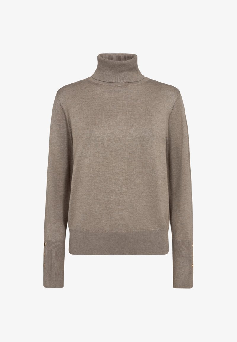 Beige coltrui van gebreide stof met lange mouwen. Heeft een aansluitende onderkant en drie gouden knoopaccenten op elke mouw.