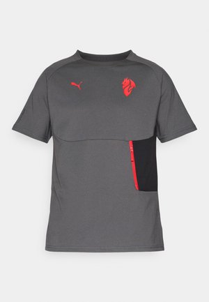 T-shirt grigio a maniche corte con pannello nero e taschino con zip rossa. Presenta accenti rossi del logo, scollo arrotondato e texture liscia.