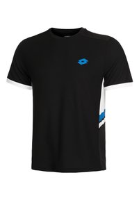 Schwarzes Sport-T-Shirt aus leichtem Stoff mit kurzen weißen Ärmeln. Verfügt über ein blaues Logo und ein Design mit blauen und schwarzen Streifen an der Seite.