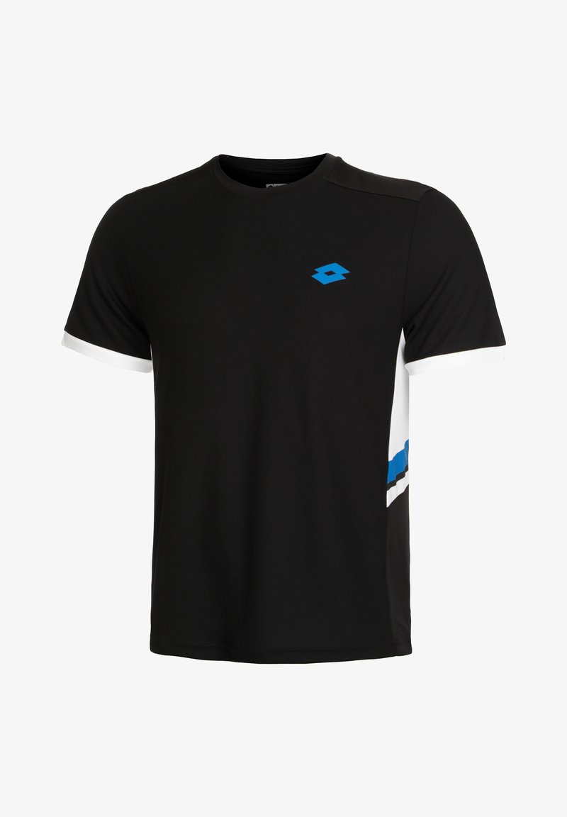 Zwarte sport t-shirt gemaakt van lichtgewicht stof met korte witte mouwen. Kenmerkt zich door een blauw logo en een ontwerp met blauwe en zwarte strepen aan de zijkant.