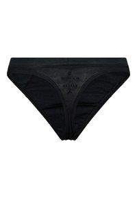 Schwarzer Baumwolltanga mit glatter Textur, elastischem Bund und minimalistischem Design. Enthält Branding, das in der Mitte gedruckt ist.