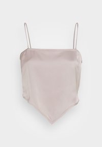Top de camisola de cetim em bege claro, com alças finas ajustáveis e barra triangular. Textura suave com um design minimalista.