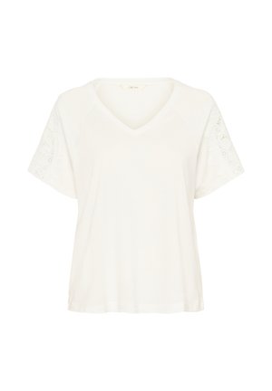 Tricou alb cu mâneci scurte, decolteu în V și accente brodate din dantelă pe mâneci. Material moale, ușor, cu croială lejeră.