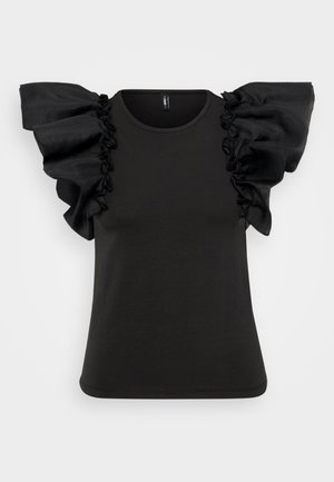 Crna majica kratkih rukava s velikim, nabranim prozirnim rukavima. Izrađena od mekog materijala s okruglim izrezom i prilagođenim tijelom.