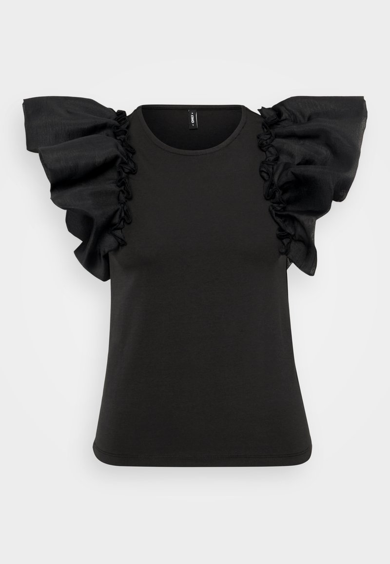 Schwarzes T-Shirt mit kurzen Ärmeln, das große, geraffte, transparente Stoffärmel hat. Hergestellt aus weichem Material mit einem runden Ausschnitt und einer taillierten Passform.