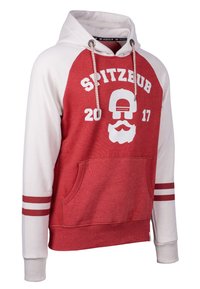 Rood en witte hoodie met een voorkant zak, voorzien van een grafische print van een schedel met een snor, en gestreepte accenten op de mouwen.