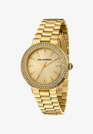 Orologio metallico dorato con quadrante rotondo, quadrante dorato testurizzato, lunetta incastonata di cristalli e cinturino a maglie dorato. Logo Klass in evidenza.