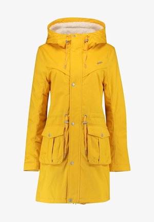 Parka amarilla para mujer con capucha, forro de forro polar, botones a presión delanteros, cordones en la capucha y la cintura, y dos grandes bolsillos con solapa y cierres a presión.