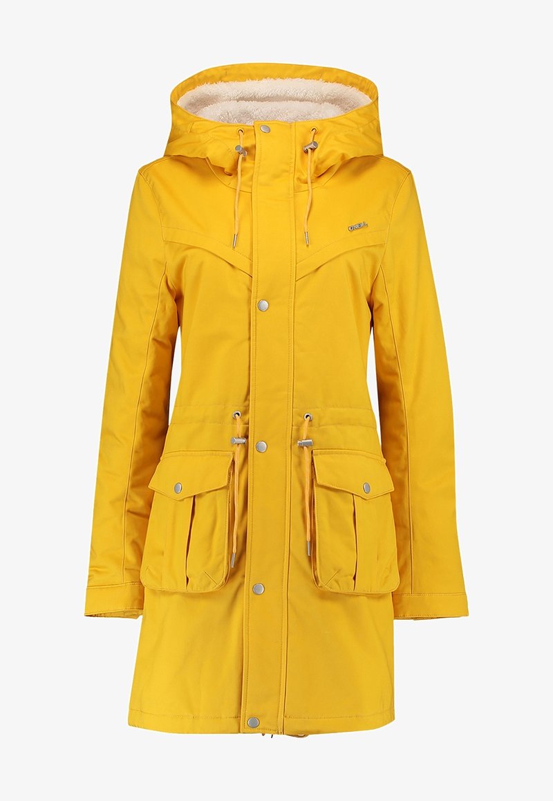 Parka jaune à capuche pour femme avec doublure en polaire, boutons-pression à l'avant, cordons à la capuche et à la taille, et deux grandes poches à rabat avec boutons-pression.