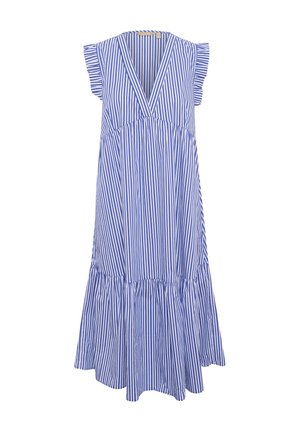 Modrá a biela pruhovaná šaty s výstrihom do V, krátkymi rukávmi a viackaskádovým volánom na spodku. Vyrobené z ľahkého materiálu.