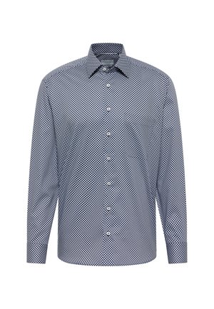 Heren overhemd met lange mouwen, knoopsluiting, in een marineblauw en wit ruitpatroon, met een puntige kraag en witte knopen aan de voorkant.