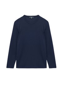 Camiseta de manga larga azul marino hecha de algodón suave. Presenta un cuello redondo y una textura simple y lisa, sin patrones ni adornos.