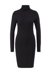 Robe noire en tricot avec un col montant, des manches longues, une silhouette ajustée et un motif texturé à côtes verticales. Pas de fermetures visibles.