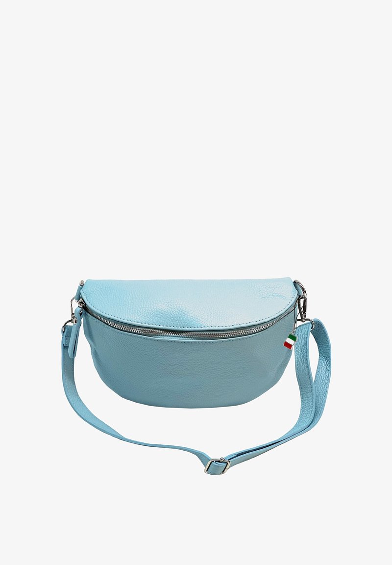 Hellblaues Leder-Crossbody-Täschchen mit runder Form, Reißverschluss und verstellbarem Riemen. Verfügt über einen kleinen Akzent in Form der italienischen Flagge.