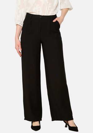 Black wide-leg trousers with a smooth texture, featuring front pockets and a button closure at the waist. Paired with a light-colored top.