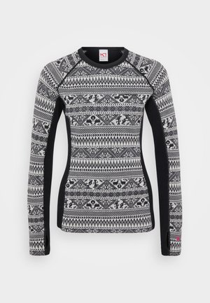 Langärmliges Thermoshirt in Schwarz und Weiß mit einem gemusterten Design, ausgestattet mit einer engen Passform, rundem Halsausschnitt und kontrastierenden, einfarbigen schwarzen Seiten.