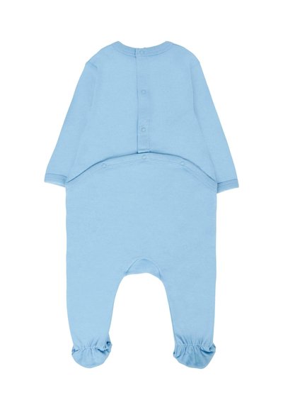 Romper per bambino di colore azzurro chiaro, realizzato in morbido cotone, con maniche lunghe, chiusure a scatto sul retro e polsini elasticizzati ai piedi.