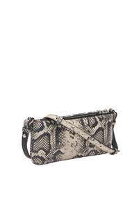Pochette en motif python noir et blanc, fabriquée en simili cuir texturé. Elle dispose d'une fermeture zippée et d'une bandoulière réglable.