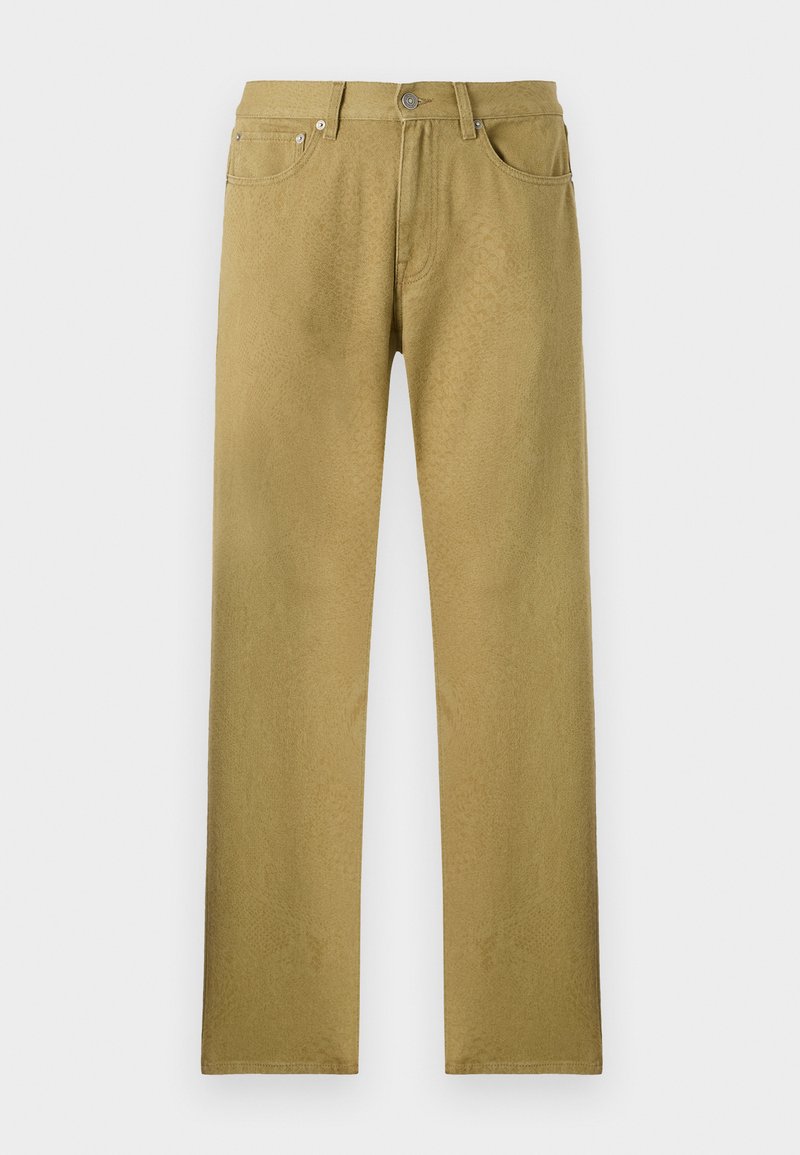 Pantaloni dritti verde oliva con tasche anteriori, chiusura con bottone e un sottile motivo testurizzato sulla stoffa.