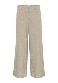 Pantalones de pierna ancha de color beige claro en una tela texturizada, con una cinturilla suave y bolsillos laterales para un ajuste y un aspecto relajado.