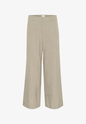 Light beige wide-leg pants in a textured fabric, featuring a smooth waistband and side pockets for a relaxed fit and look.