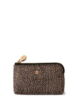 Petite pochette rectangulaire zippée avec motif abstrait noir et beige, tirette et détail du logo dorés.
