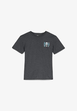 Grå kortärmad t-shirt i blandning av bomull, med en grafisk dödskalle-design i blått och vitt på vänster bröst.