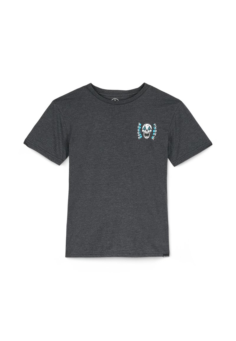 Grijze T-shirt met korte mouwen van een katoenmix, met een grafisch skullontwerp in blauw en wit op de linkerborst.