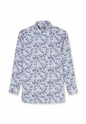 Men's long-sleeve button-up shirt with a light blue base and floral pattern in blue, red, and brown tones.