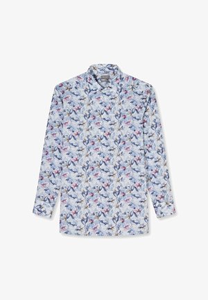 Herrenlangarmhemd mit Knopfleiste, hellblauem Grundton und Blumenmuster in Blau-, Rot- und Brauntönen.