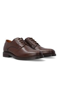 Braune Lederhalbschuhe mit glatter Oberfläche, runder Spitze und Schnürdesign. Verfügt über dezente Nähte und eine flache Gummisohle.