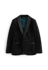 Blazer en velours noir avec revers en satin, fermeture à un bouton, deux poches avant et doublure en paisley turquoise. Texture douce et coupe ajustée.