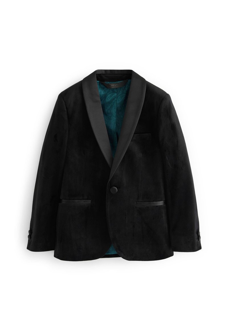 Blazer en velours noir avec revers en satin, fermeture à un bouton, deux poches avant et doublure en paisley turquoise. Texture douce et coupe ajustée.