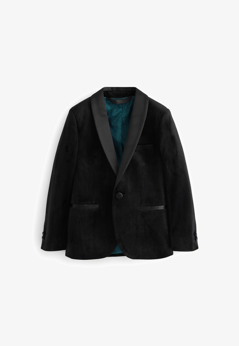 Blazer en velours noir avec revers en satin, fermeture à un bouton, deux poches avant et doublure en paisley turquoise. Texture douce et coupe ajustée.