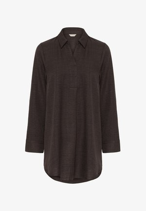 Sötétbarna, hosszú ujjú ing, galléros nyakkal, gombolás részletekkel és ívelt szabással. Könnyű, strukturált anyagból készült.