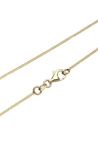 Guldtonet kæderekæde med en struktureret design, der har en krabbeclasp og cirkulære led for justerbar længde.