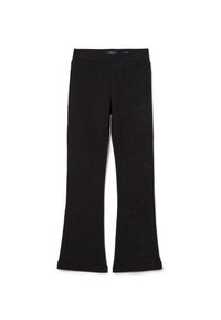 Pantalon évasé noir pour enfants avec des détails subtils en paillettes argentées et des poches avant, posé à plat sur un fond blanc.