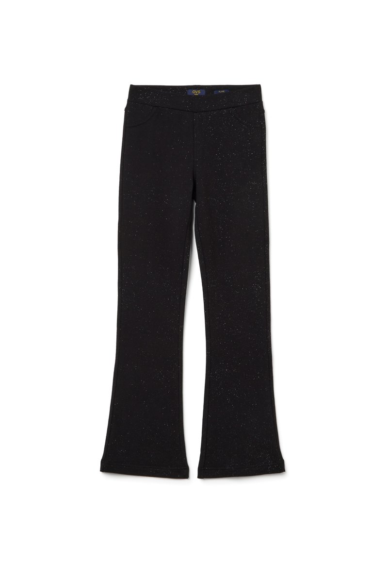 Pantalon évasé noir pour enfants avec des détails subtils en paillettes argentées et des poches avant, posé à plat sur un fond blanc.