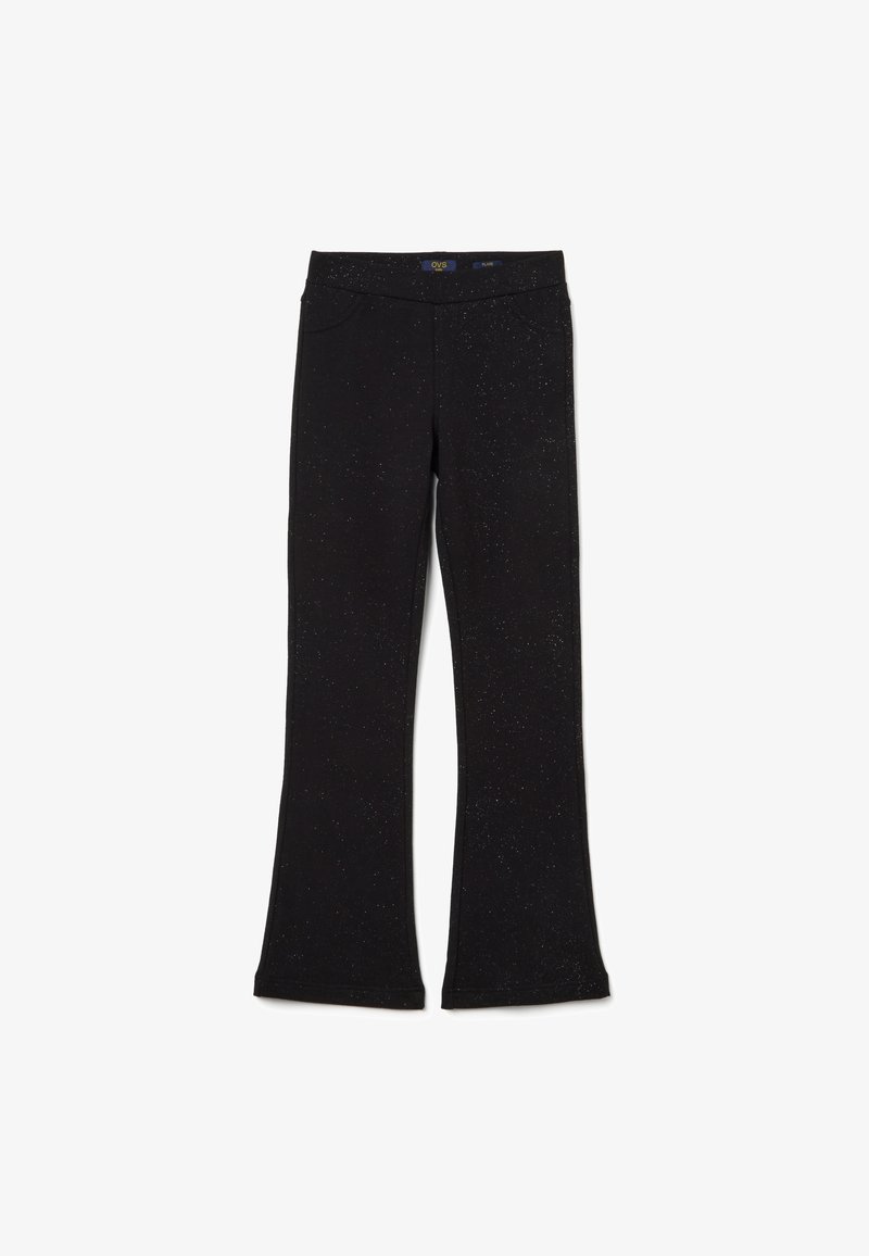 Pantalon évasé noir pour enfants avec des détails subtils en paillettes argentées et des poches avant, posé à plat sur un fond blanc.