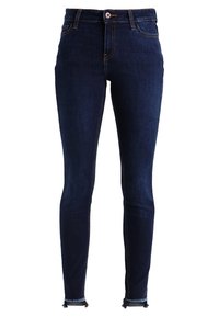 Dunkelblaue Skinny-Jeans aus Denim, mit hoher Taille, klassischem Fünf-Taschen-Design und ausgefransten Säumen an den Knöcheln.
