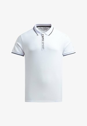 Biała koszulka polo z krótkimi rękawami, czarnym wykończeniem kołnierzyka oraz pionowym logo "CMPD SPORT". Miękka faktura, sportowy i casualowy design.