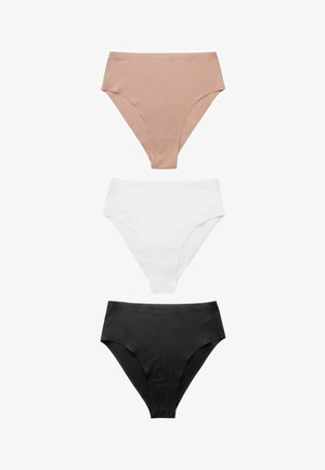 Tri parova ženskog donjeg rublja: bež, bijelo i crno. Izrađeno od glatkog materijala s visoko rezanim dizajnom i elastičnim pojasovima.