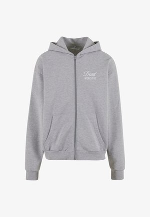 Felpa grigia con zip, dotata di tasche frontali, cappuccio con lacci e scritta bianca "Dead WRONG" nella zona sinistra del petto. Tessuto morbido.