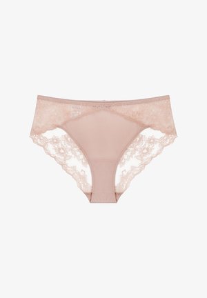 Beige lace-trimmed panties with a smooth body, featuring floral lace accents and a mid-rise cut for comfort and style.