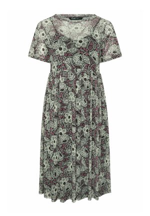 Robe à manches courtes avec un motif floral en noir, blanc et violet, à coupe décontractée et taille froncée.