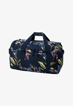 Dark blue duffel bag with tropical leaf print, dual handles, zippered main compartment, and small front pocket, Dakine logo visible on front.