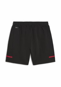 Pantalones cortos deportivos negros hechos de material DryCell, con una franja de acento roja en cada lado y una cintura elástica. Diseño ligero.