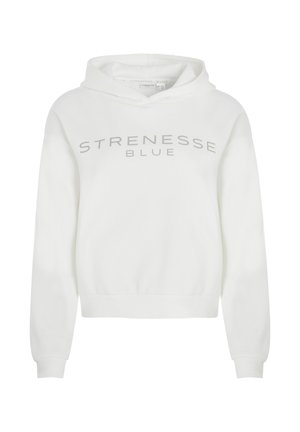 Weißer Hoodie mit einer Kängurutasche vorne, gerippten Bündchen und Saum. Mit hellgrauem, aufgedrucktem Schriftzug "STRENESSE BLUE" über der Brust. Weicher Stoff.