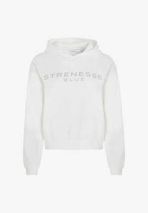 Weißer Hoodie mit einer Kängurutasche vorne, gerippten Bündchen und Saum. Mit hellgrauem, aufgedrucktem Schriftzug "STRENESSE BLUE" über der Brust. Weicher Stoff.